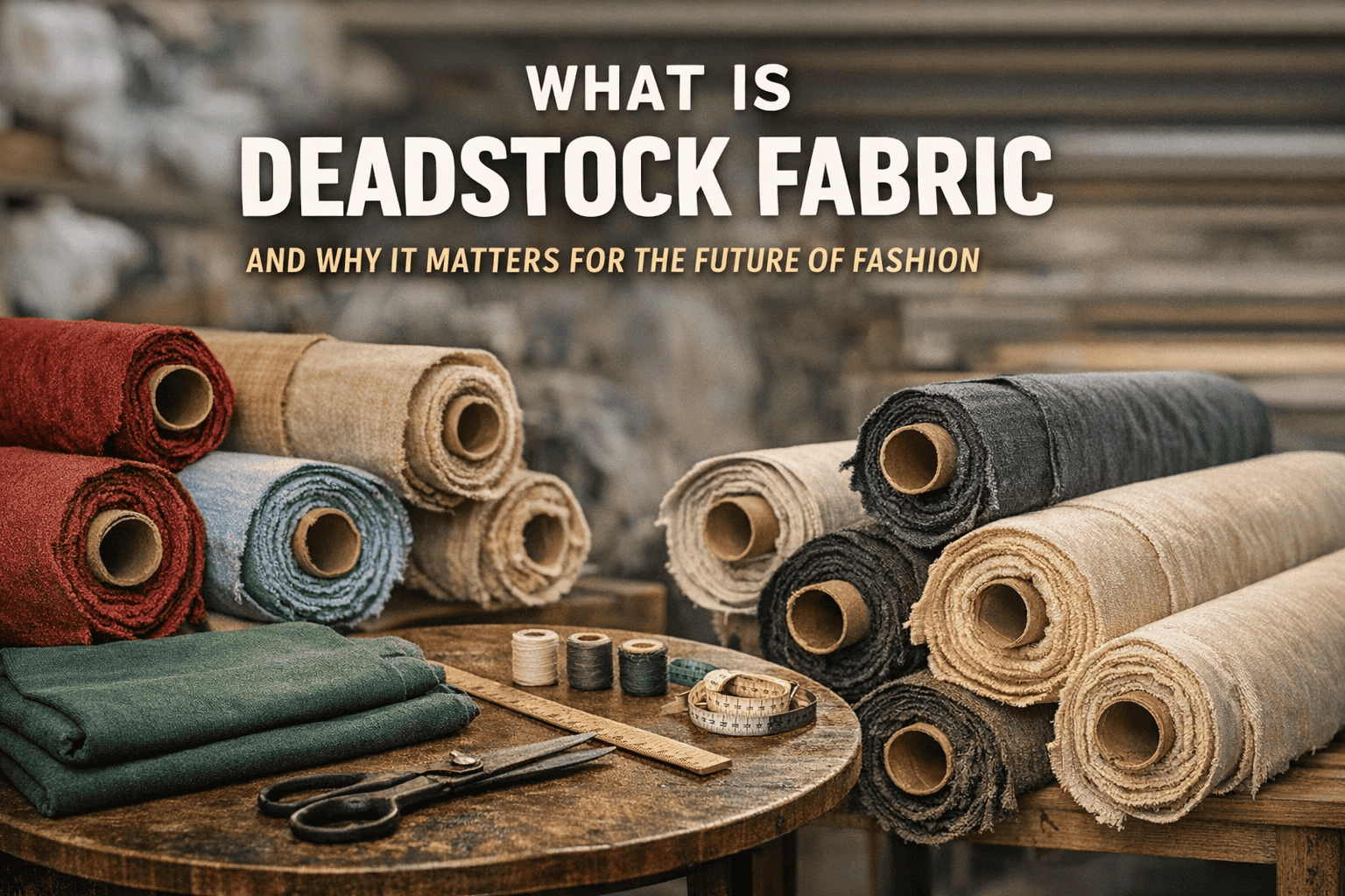 Deadstock fabric rolls in European textile warehouse