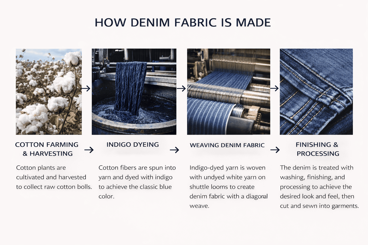 how denim fabric wholesale is made cotton indigo dyeing weaving denim production process